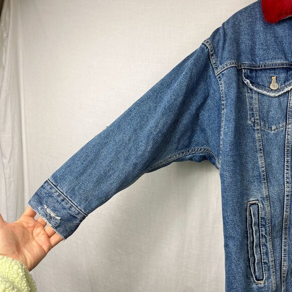 Zara TRF Denim Wear Distressed Long Jacket Womens Small S Slouchy Punk Faux Fur‎ - Picture 2 of 16